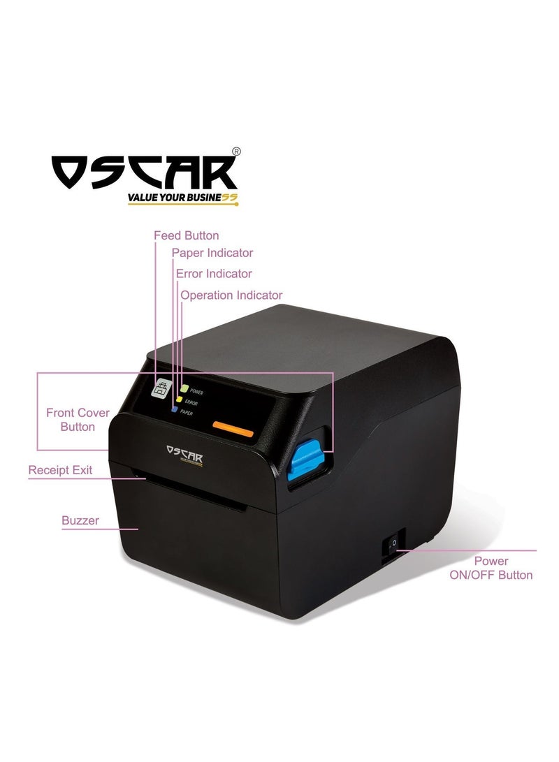 OSCAR Value Your Business OSCAR POS93 80mm Thermal Receipt Printer, 200mm/s High Speed POS Printer, USB, Serial & Ethernet LAN, 203 DPI, Barcode & QR Code Printing, Black - Image 4