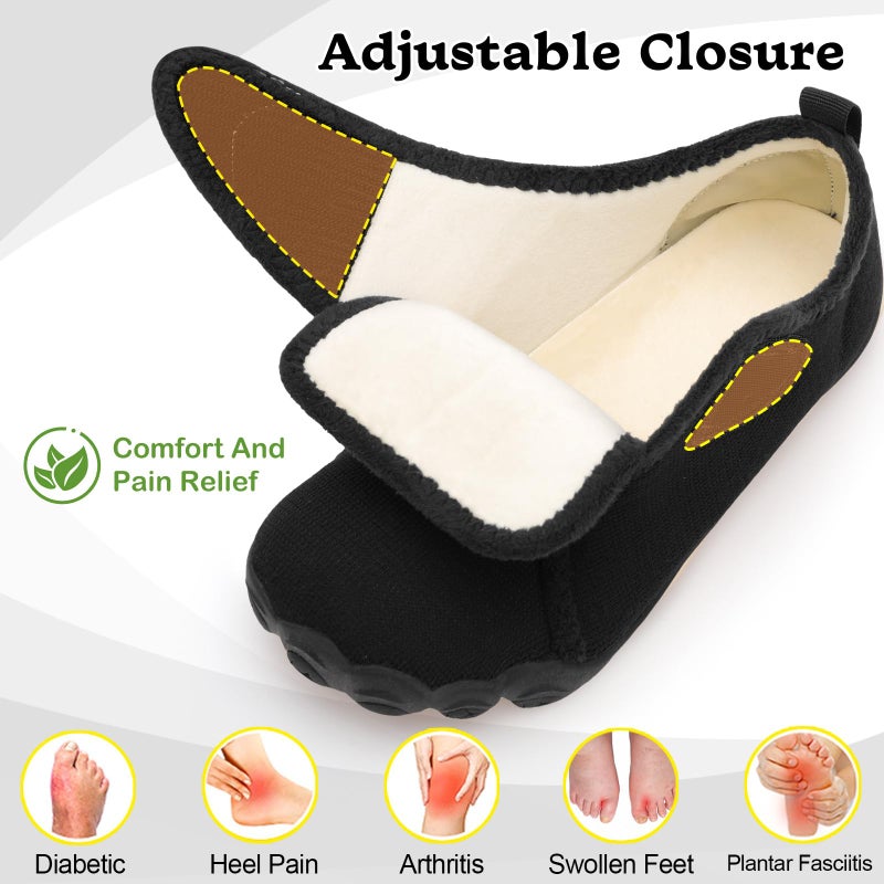relxfeet Men's Slippers Wide Width Adjustable Orthopedic Diabetic House Shoes for Neuropathy Swollen Feet Relief Non-Slip Rubber Sole Indoor Outdoor (All Black, Size 11) - Image 4