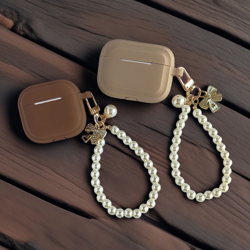 Dark Brown Earphone Case Compatible Airpods 4 Pearl Bow Charm Shockproof Soft - Image 1