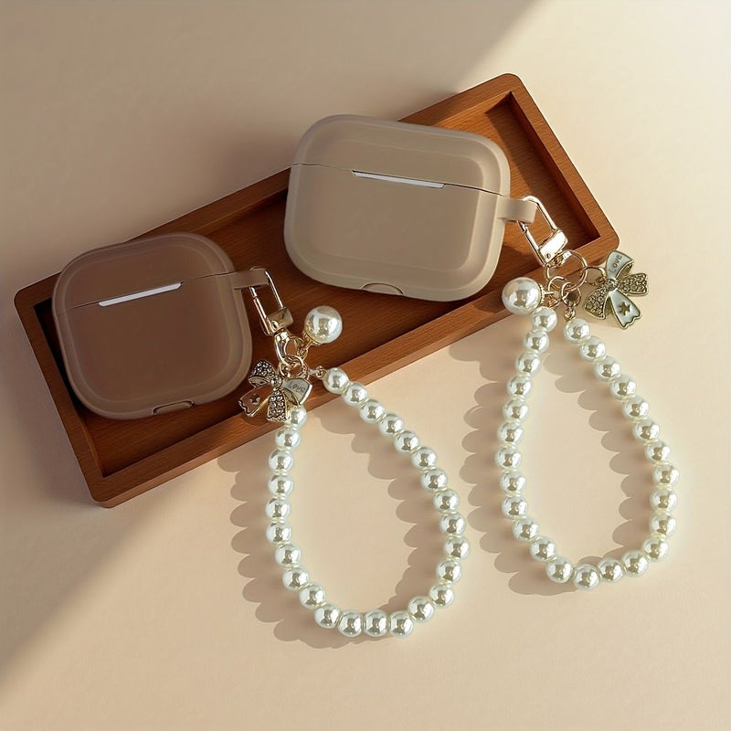 Dark Brown Earphone Case Compatible Airpods 4 Pearl Bow Charm Shockproof Soft - Image 3