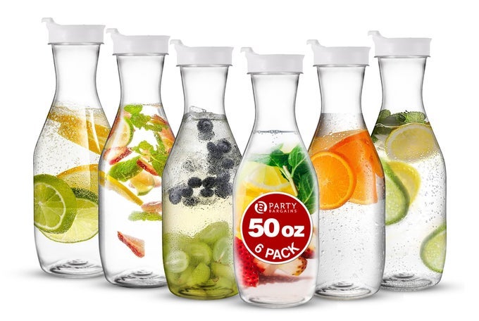 50 OZ PLASTIC CARAFE WITH LIDS CLEAR 6 COUNT WHITE FLIP TAB LID PREMIUM QUALITY HEAVY DUTY PLASTIC PITCHER FOR ICED TEA POWDERED JUICE COLD BEVERAGES MIMOSA BAR