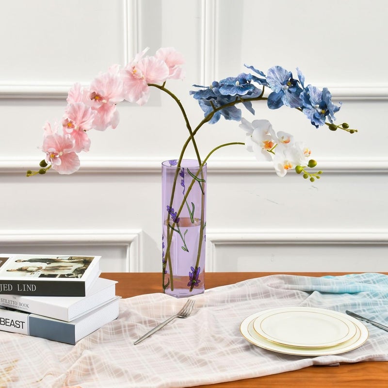 xigua Lavender Plastic Vase Shatter-Resistant Flower Vase with Transparent Print for Home & Office Decor Sturdy Decorative Vase for Desk, Living Room, Gift, 11.8 x 3.9 Inch - Image 2
