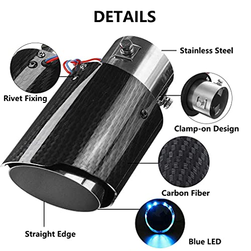 WENJTP 2.25 Inch LED Exhaust Tip Tailpipe Tip 60mm Straight Carbon Fiber Style Bolt Clamp On for Cars HTRACING (Blue Light) - Image 2