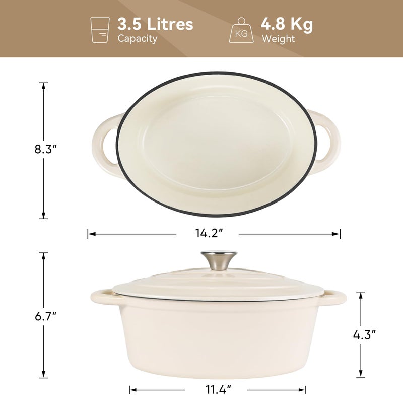 Kerilyn 4.5 Qt Enameled Oval Dutch Oven Pot With Lid And Dual Handles  Cast Iron Dutch Oven For Cooking  Bread Baking  Non-Stick Enamel Coated Cookware (Beige) - Image 3