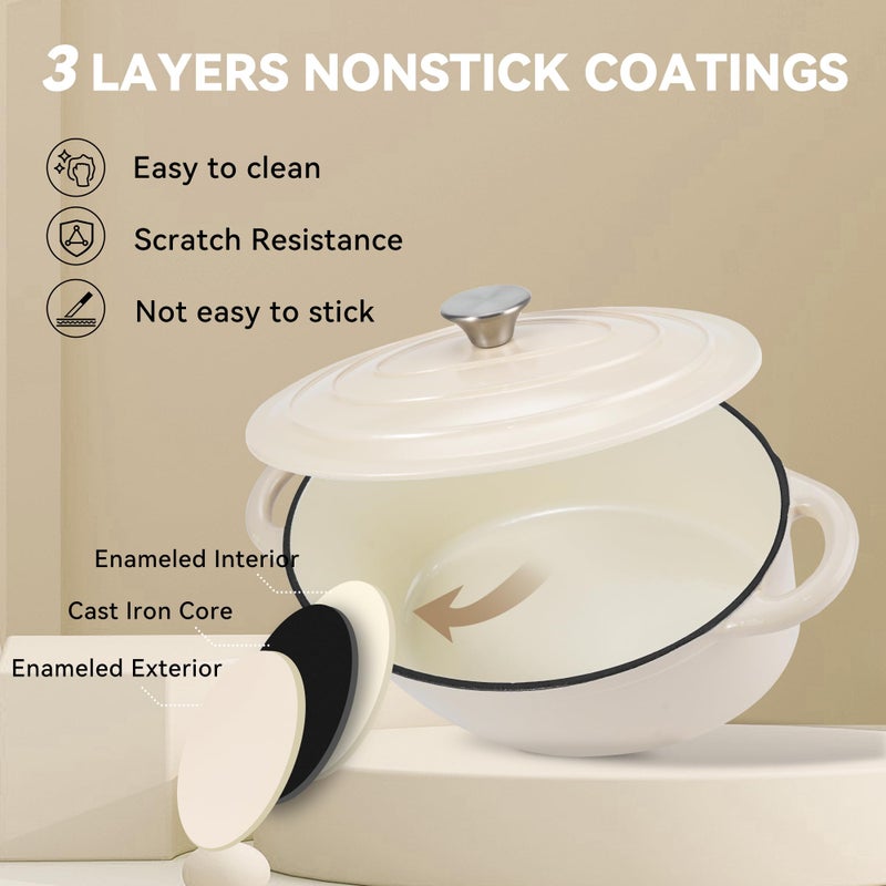 Kerilyn 4.5 Qt Enameled Oval Dutch Oven Pot With Lid And Dual Handles  Cast Iron Dutch Oven For Cooking  Bread Baking  Non-Stick Enamel Coated Cookware (Beige) - Image 2