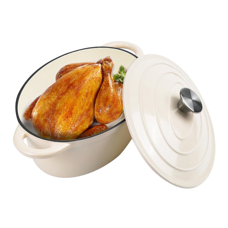 Kerilyn 4.5 Qt Enameled Oval Dutch Oven Pot With Lid And Dual Handles  Cast Iron Dutch Oven For Cooking  Bread Baking  Non-Stick Enamel Coated Cookware (Beige) - Image 1