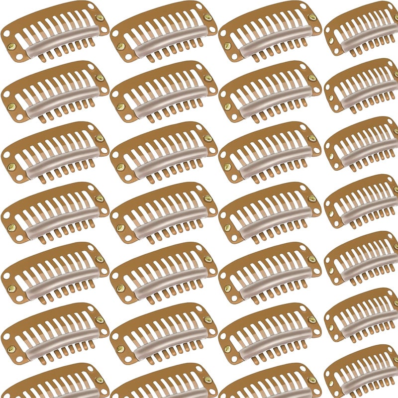 WILLBOND 30 Pieces 32 mm 9-teeth Hair Extension Clips Hair Extension Wigs Snap Clips Comb Small Snap Wig Accessories for Women DIY(Light Brown) - Image 1