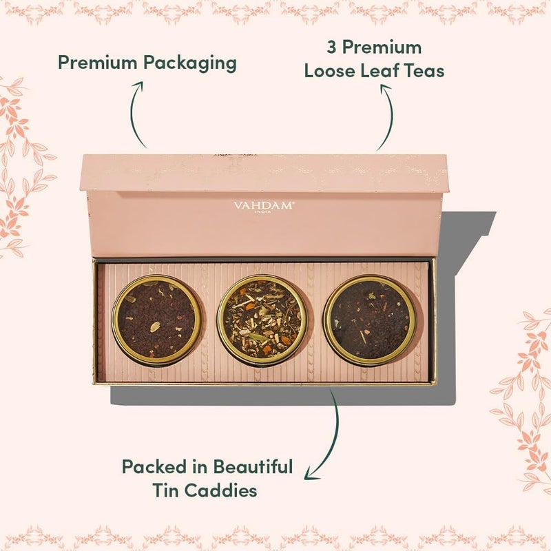 Vahdam فهدام، بلش - مجموعة هدايا شاي عيد الميلاد المتنوعة للنساء (3 أنواع شاي مميزة) علبة تقديم معدنية | شاي أوراق فضفاضة | خالي من الجلوتين وغير معدّل وراثيًا | هدايا لها - Image 4