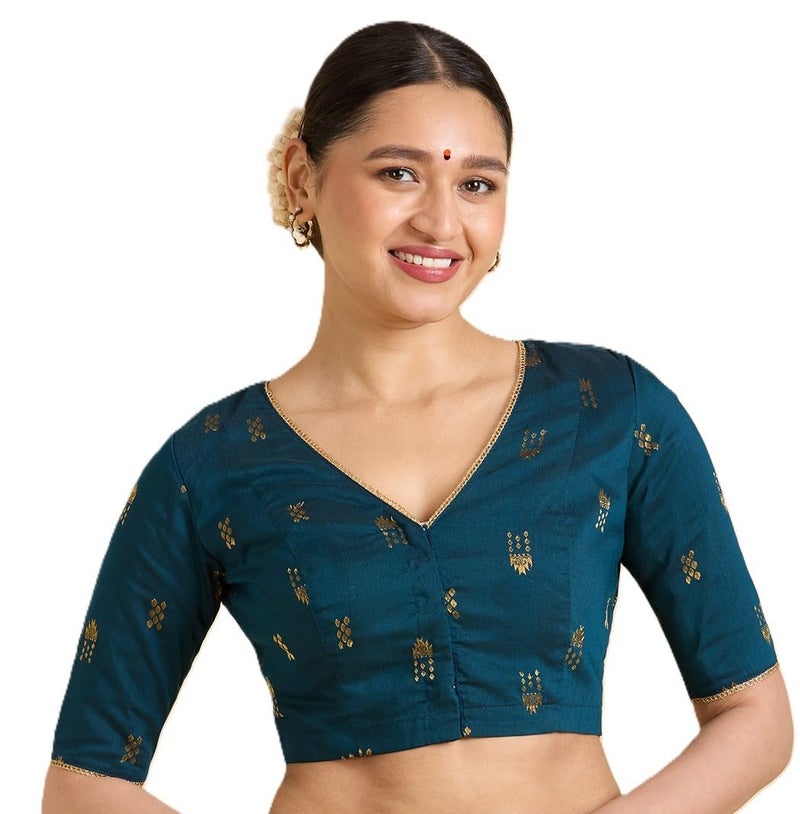 Studio Shringaar Women's Handloom Cotton Silk Readymade Saree Blouse (Midnight Blue, 38) - Image 1
