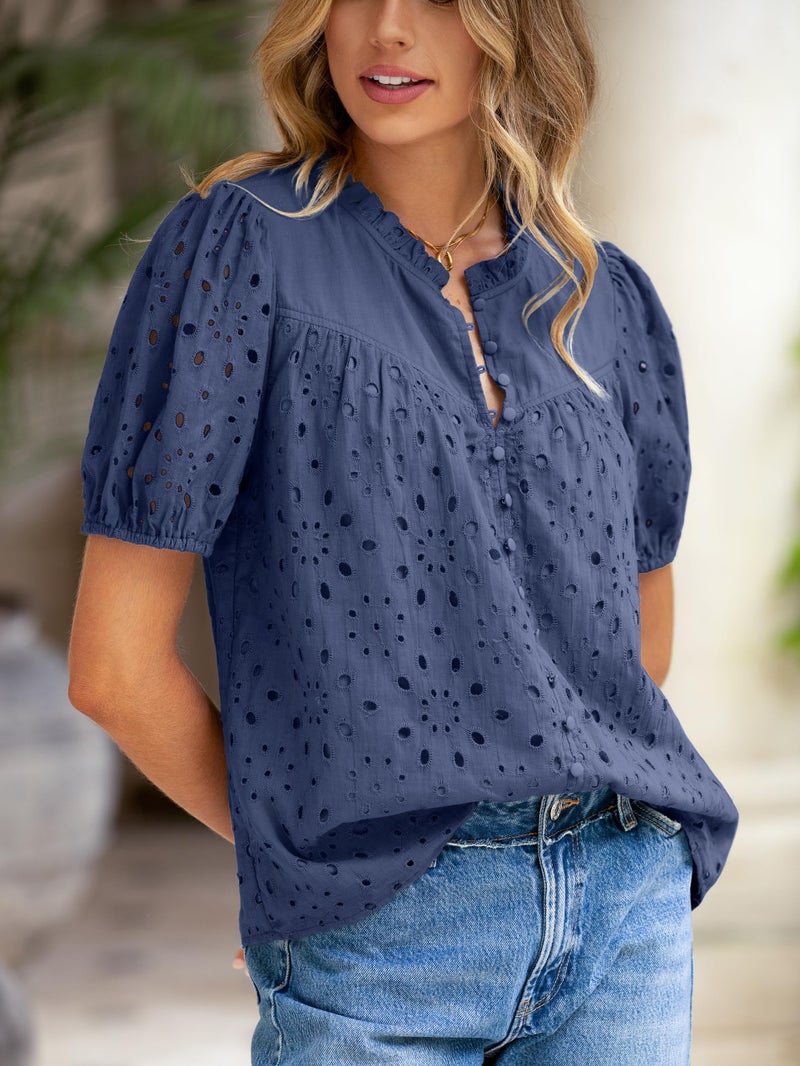 Glamaker Womens Summer Tops Blouse 2026 Lantern Sleeve Hollow Out Tops Boho Vacation Shirts Button Down Embroidered Blouses (Navy Blue M) - Image 5