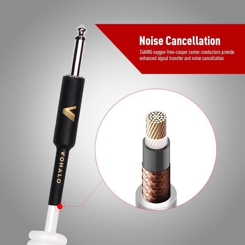 VOHALO Coil Guitar Cable 32 Feet/10M Instrument Coiled Curly Cord for Guitar Bass 1/4 inch Right Angle to Straight White - Image 3