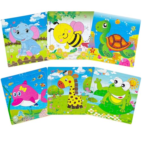 Sealive 6 Pack Wooden Jigsaw Puzzles for Kids Ages 35 16 Pieces Animals Montessori Learning Toys for Boys Girls Preschool Educational Development HandEye Coordination Problem Solving Autistic - Image 1