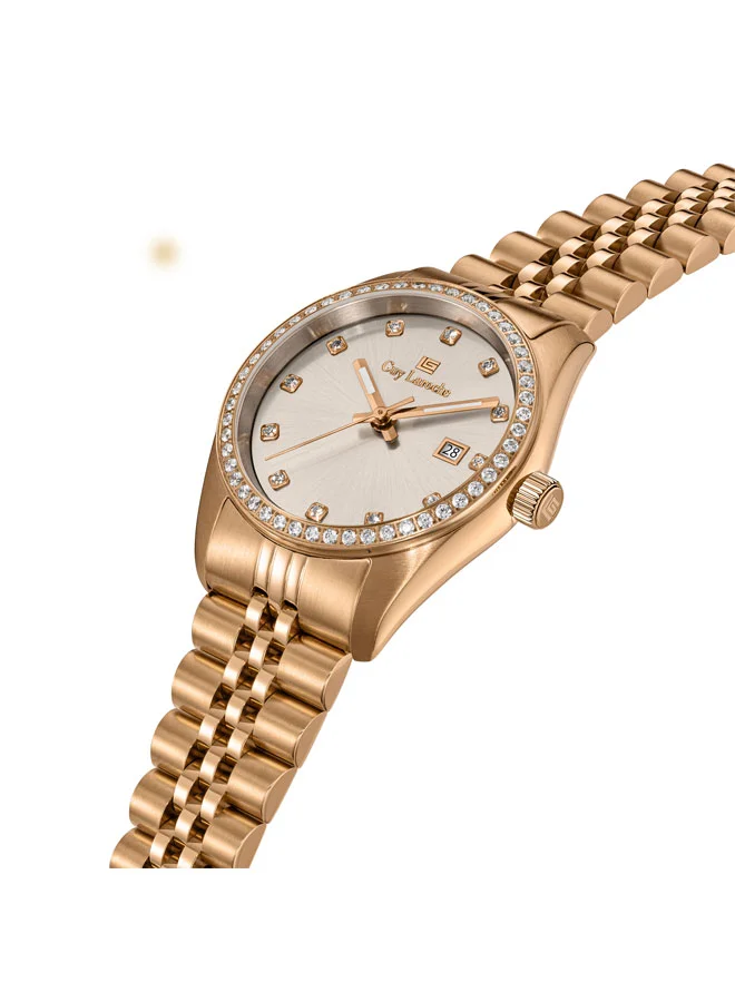 غاي لاروش ساعة روزالي نسائية بسوار معدني ذهبي وردي وميناء فضي أبيض بعقارب  ملم