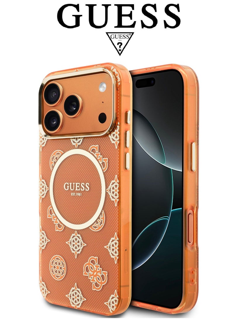 CG MOBILE iPhone 17 Pro Max case supports MagSafe wireless charging. iphone 17 pro max cover made of IML. iphone cover offers robust shock protection. cover iphone 17 pro max features a stylish French design and is a partnership with (GUESS) and (CG Mobile). Orange. - Image 1