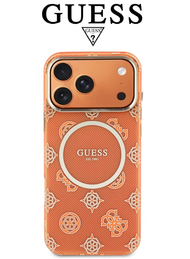 CG MOBILE iPhone 17 Pro Max case supports MagSafe wireless charging. iphone 17 pro max cover made of IML. iphone cover offers robust shock protection. cover iphone 17 pro max features a stylish French design and is a partnership with (GUESS) and (CG Mobile). Orange. - Image 3