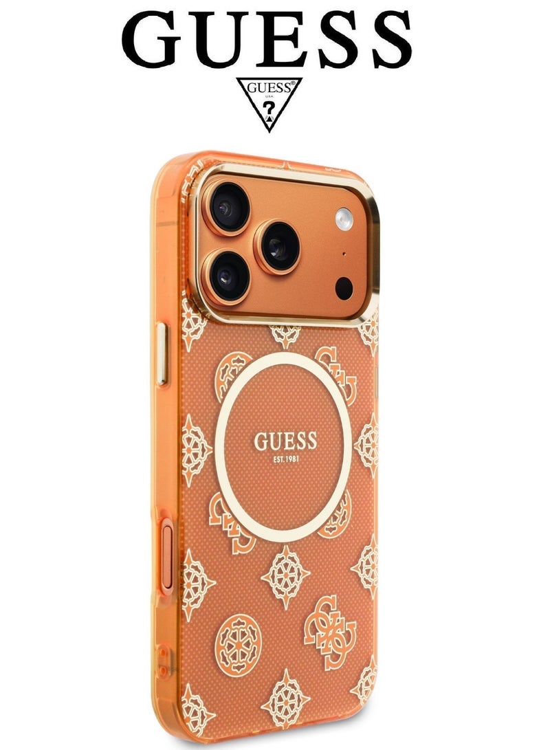 CG MOBILE iPhone 17 Pro Max case supports MagSafe wireless charging. iphone 17 pro max cover made of IML. iphone cover offers robust shock protection. cover iphone 17 pro max features a stylish French design and is a partnership with (GUESS) and (CG Mobile). Orange. - Image 4