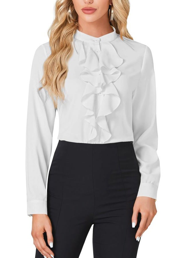 LYANER Women's Mock Neck Button Down Ruffle Front Long Sleeve Work Shirt Blouse Tops White Small - Image 1