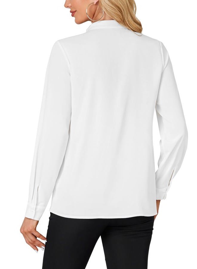 LYANER Women's Mock Neck Button Down Ruffle Front Long Sleeve Work Shirt Blouse Tops White Small - Image 5