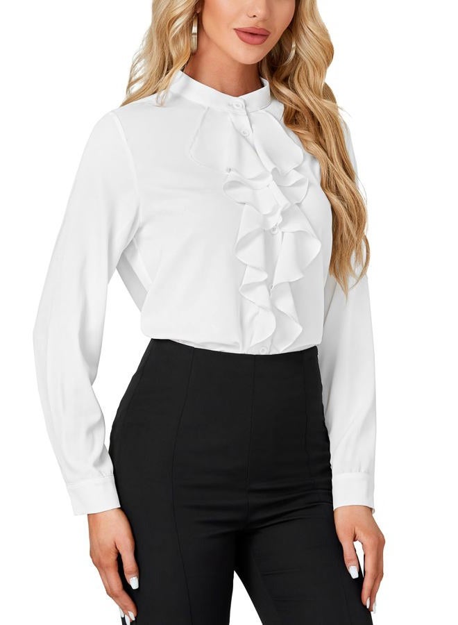 LYANER Women's Mock Neck Button Down Ruffle Front Long Sleeve Work Shirt Blouse Tops White Small - Image 4