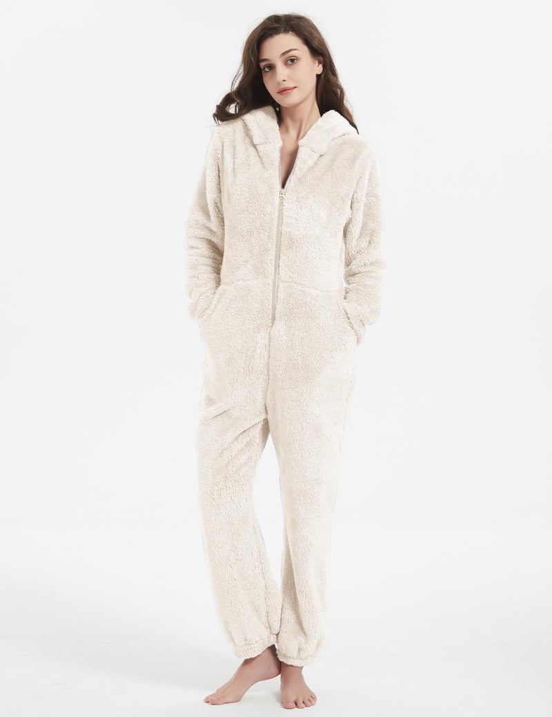 PEHMEA Women's Onesie Pajamas Sherpa Plush Hooded Romper Cozy Winter Sleepwear Holiday Party One Piece PJs for Adults, Teens(Beige-L) - Image 2