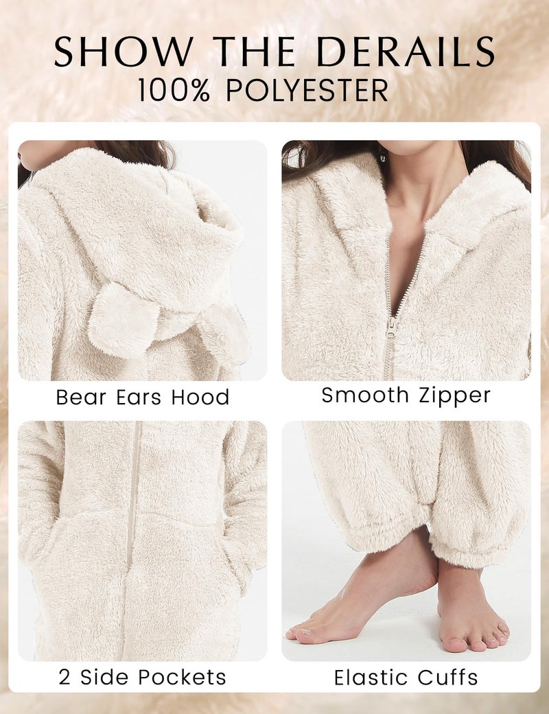 PEHMEA Women's Onesie Pajamas Sherpa Plush Hooded Romper Cozy Winter Sleepwear Holiday Party One Piece PJs for Adults, Teens(Beige-L) - Image 5