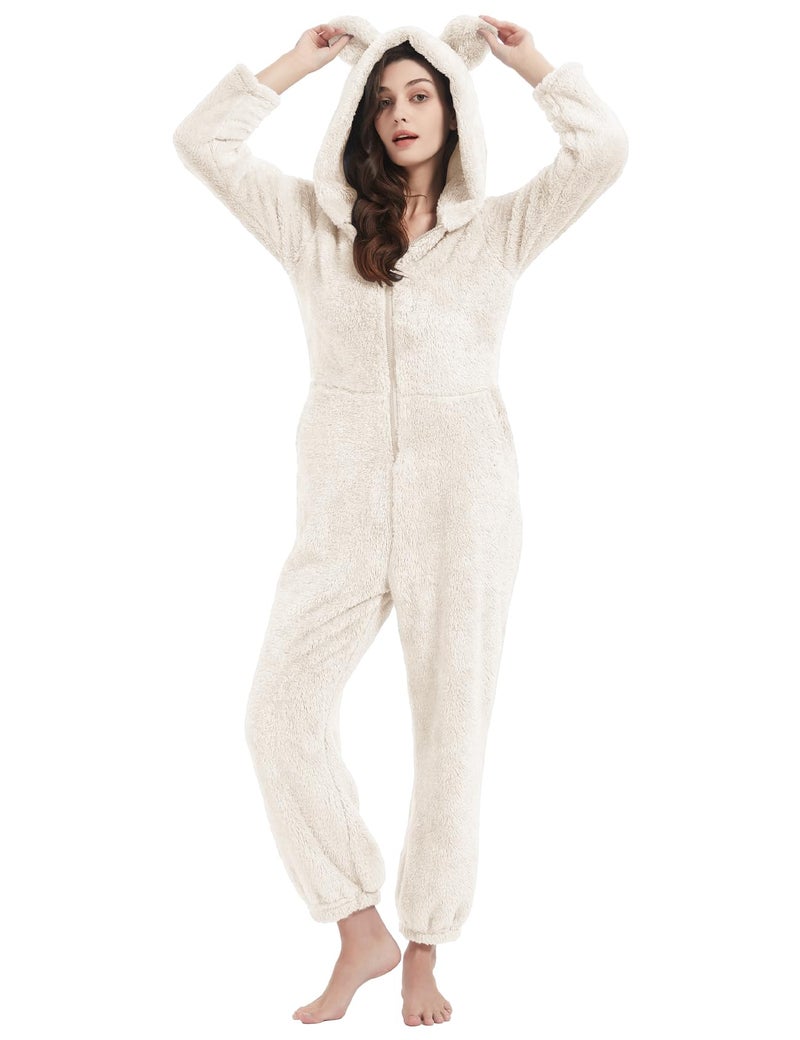PEHMEA Women's Onesie Pajamas Sherpa Plush Hooded Romper Cozy Winter Sleepwear Holiday Party One Piece PJs for Adults, Teens(Beige-L) - Image 1