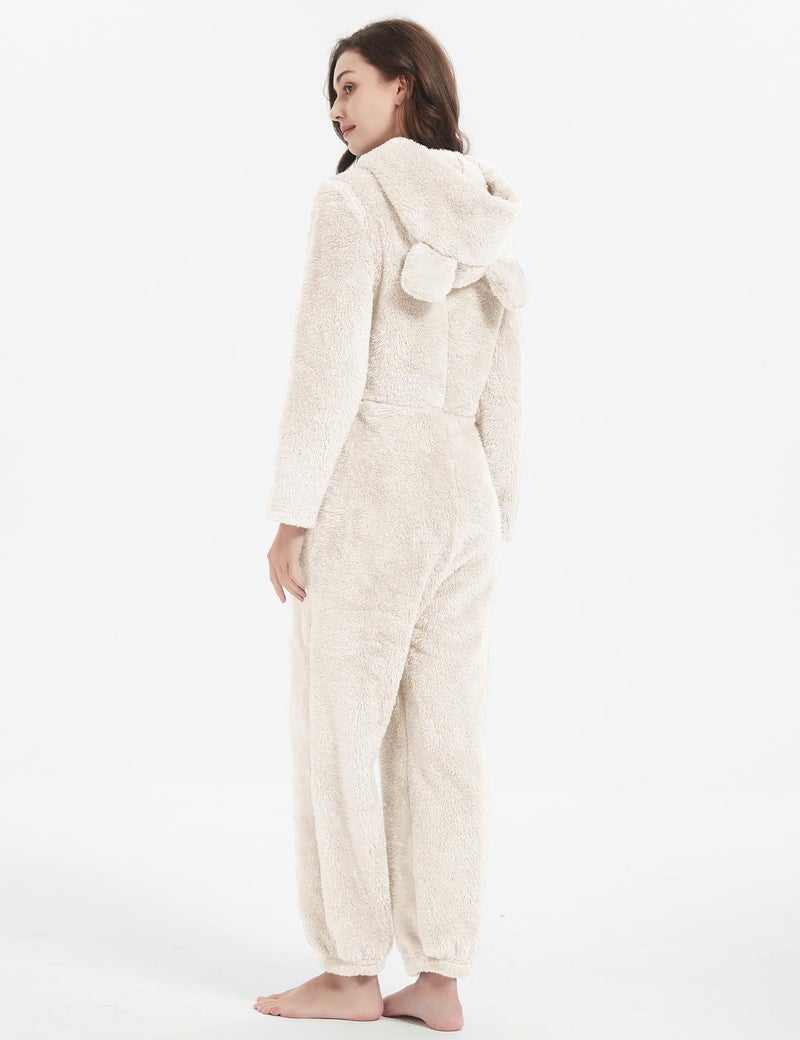 PEHMEA Women's Onesie Pajamas Sherpa Plush Hooded Romper Cozy Winter Sleepwear Holiday Party One Piece PJs for Adults, Teens(Beige-L) - Image 3