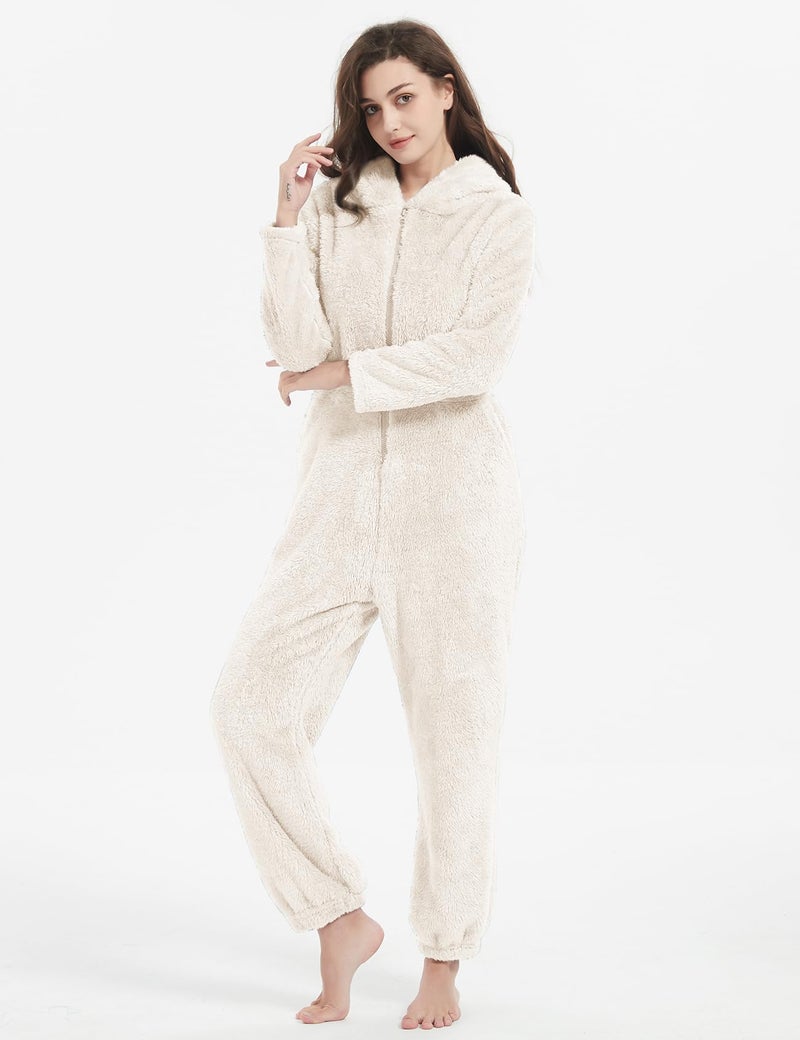 PEHMEA Women's Onesie Pajamas Sherpa Plush Hooded Romper Cozy Winter Sleepwear Holiday Party One Piece PJs for Adults, Teens(Beige-L) - Image 4
