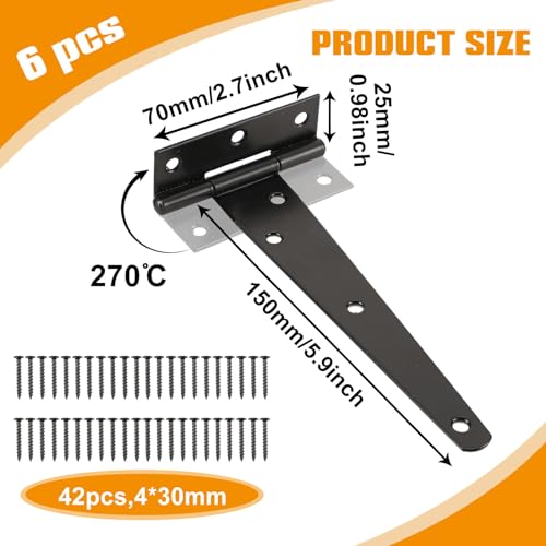 Tandefio 6 Pack 6 Inch T Strap Gate Hinges Heavy Duty Gate Hardware Kit for Wooden Fence Rustproof Door Hinges 4 Pcs Door Pull Handle with Screws for Barn Shed Outdoor Garage Cabinet Drawer Black - Image 3
