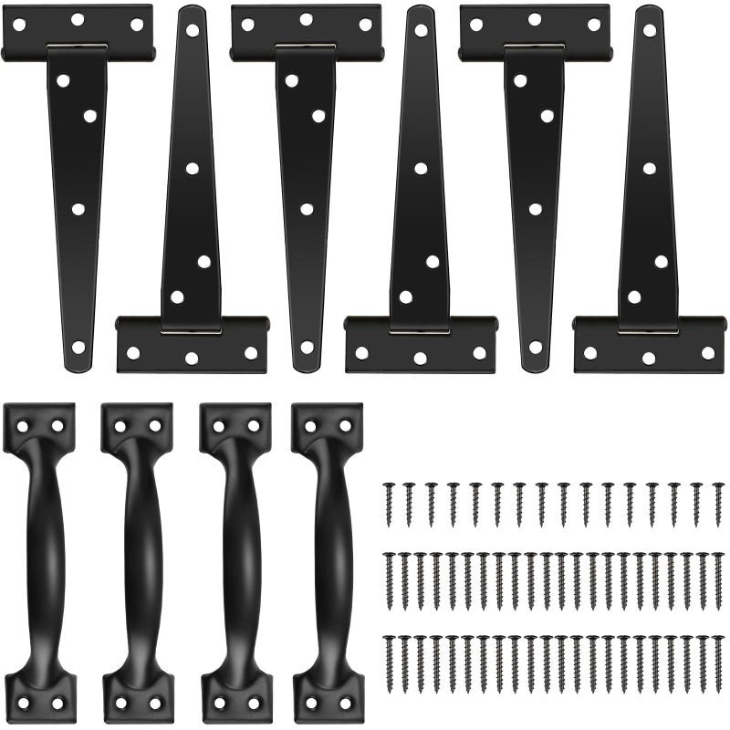 Tandefio 6 Pack 6 Inch T Strap Gate Hinges Heavy Duty Gate Hardware Kit for Wooden Fence Rustproof Door Hinges 4 Pcs Door Pull Handle with Screws for Barn Shed Outdoor Garage Cabinet Drawer Black - Image 2