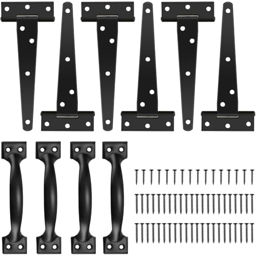 Tandefio 6 Pack 6 Inch T Strap Gate Hinges Heavy Duty Gate Hardware Kit for Wooden Fence Rustproof Door Hinges 4 Pcs Door Pull Handle with Screws for Barn Shed Outdoor Garage Cabinet Drawer Black - Image 1