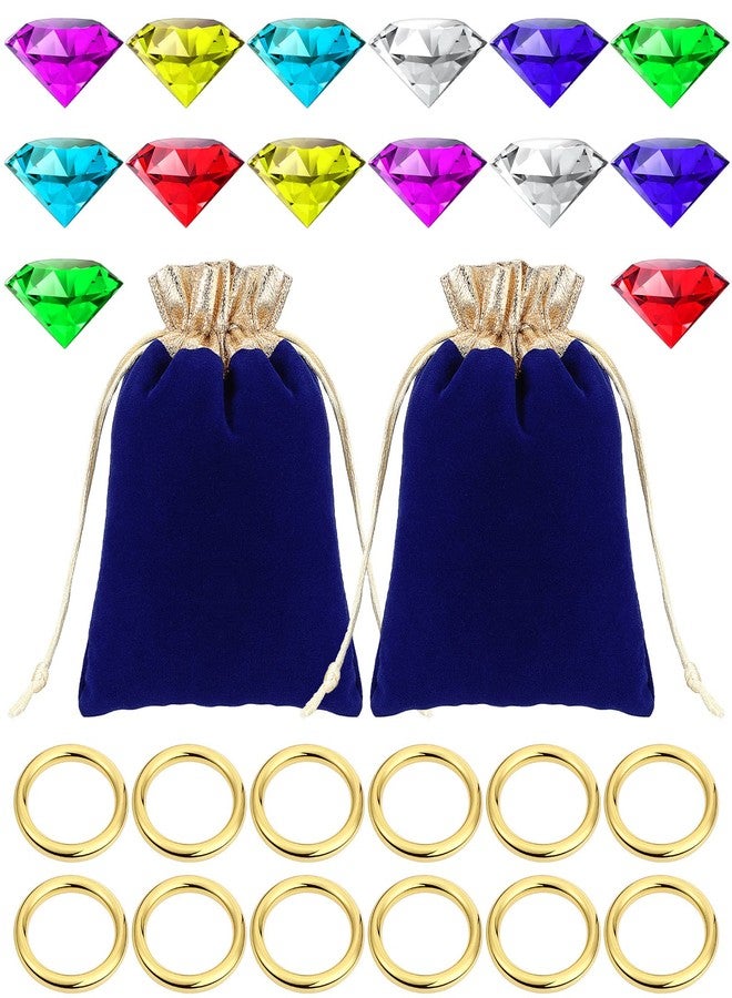 Hanaive 28 Pieces Acrylic Diamond Gems Jewels and Alloy Gold Round Ring Set Ring Pirate Treasure Hunting Birthday Party Favor Supplies for Cake Decor Decoration with 2 Gift Bag - Image 1