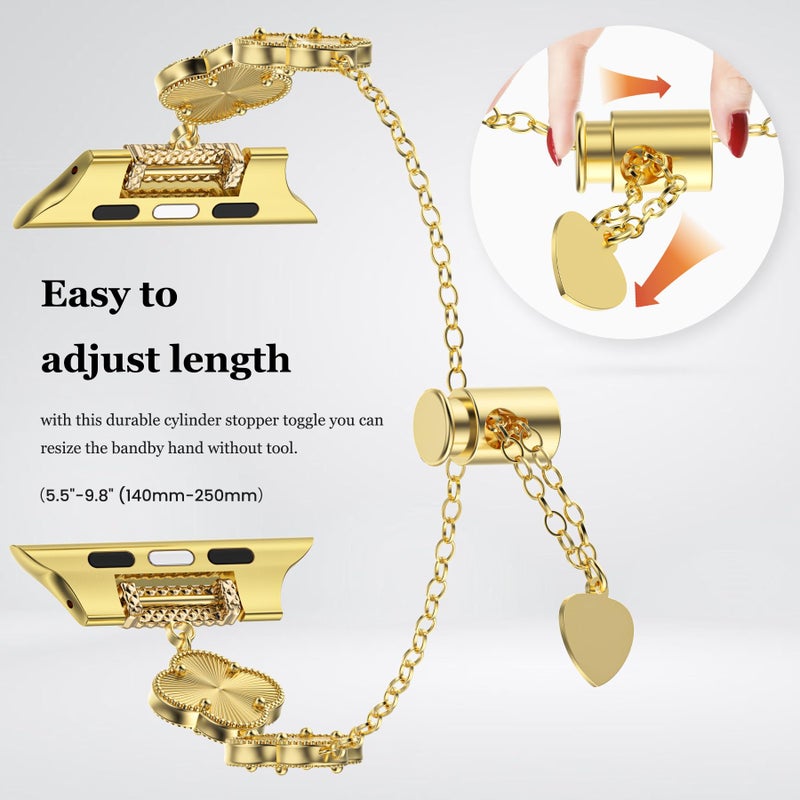 YMHML Clover Band Compatible for Apple Watch Bands for Women 42mm 41mm 40mm 38mm, Adjustable Bracelet, Lucky Laser Clover Dressy Jewelry Metal Straps for iWatch Series 10 9 8 7 6 5 4 3 SE Ultra, Gold - Image 3