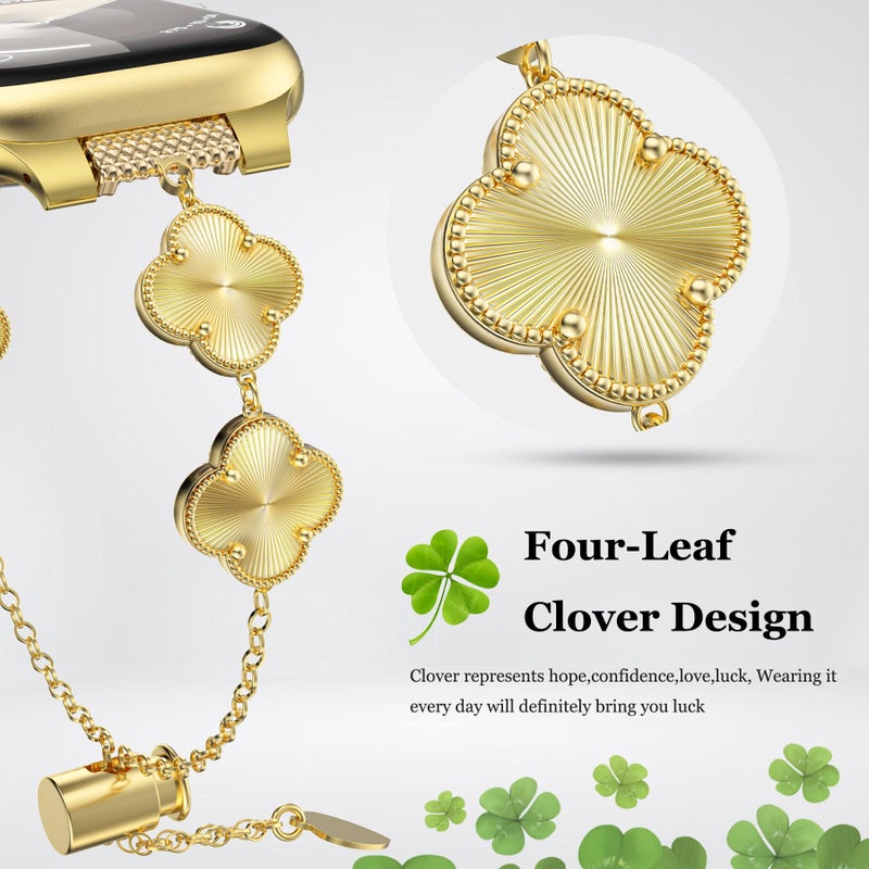 YMHML Clover Band Compatible for Apple Watch Bands for Women 42mm 41mm 40mm 38mm, Adjustable Bracelet, Lucky Laser Clover Dressy Jewelry Metal Straps for iWatch Series 10 9 8 7 6 5 4 3 SE Ultra, Gold - Image 2