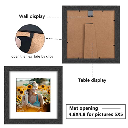 VMUZEDER 8x8 Picture Frame Rustic Black Wood Set of 6,Display Pictures 5x5 with Mat or 8x8 Without Mat,Multi Photo Frames Collage for Wall or Tabletop Display - Image 4