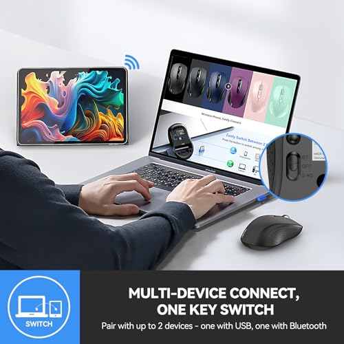 TECKNET ماوس بلوتوث TECKNET، 2 في 1 (BT 5.0/3.0 + 2.4GHz) ماوس لاسلكي بدقة 4000DPI مع اتصال USB متاح لأجهزة الكمبيوتر المحمولة، ماوس بلوتوث محمول لماك (USB-A + اتصال لاسلكي بلوتوث، أسود) - Image 2