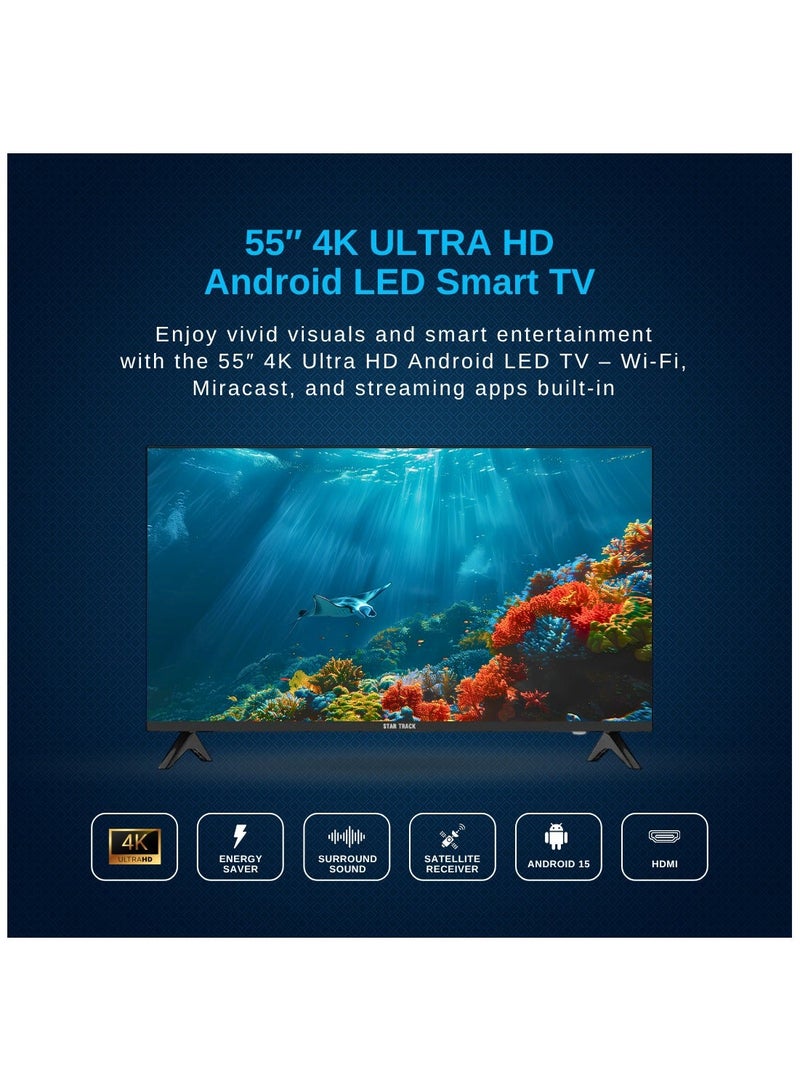 STAR TRACK 55" 4K Smart TV | Android 15, Ultra HD, Netflix, YouTube, Miracast, Bezel less, Satellite receiver - Image 2