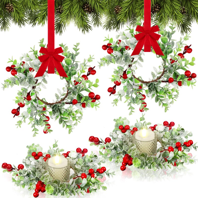 WILLBOND WILLBOND Small Christmas Candle Rings Wreaths Mini red Berries Christmas Kitchen Cabinet Xmas Candle Rings Hanging Wreaths for Front Door Cabinet Window Table Centerpieces Decor4 Pieces 
