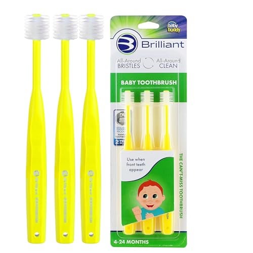 Brilliant Oral Care Baby Toothbrush with Soft Bristles and Round Head, for a Toddler Approved, Easy to Use All-Around Clean Mouth, Ages 0-2 Years, Yellow, 3 Pack - Image 1