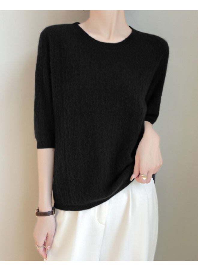 MIIOW Round Neck Short Sleeve Irregular Jacquard Hollow-Out Knitted Top For Women, Slimming And Versatile, Suitable For Commuting And Daily Wear - Image 1