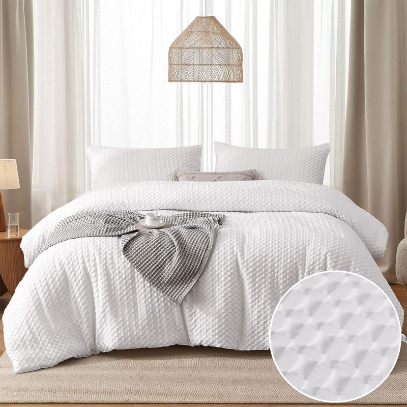 Waffle Seersucker Puckering Duvet Cover Set with 2 Pillowcases White Checkered Bedding Set with Zipper ClosureSoft MicrofibreKing Size 220230 cm