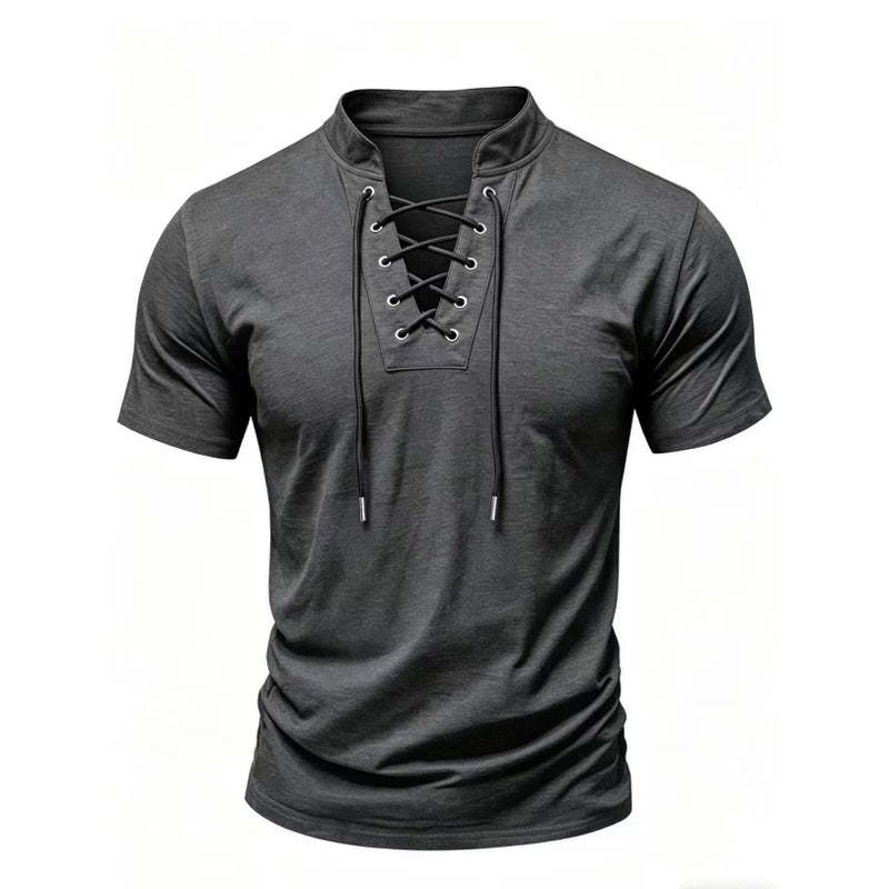 قميص هنلي رجالي بياقة على شكل V مع رباط، أكمام قصيرة، لون سادة - Image 5