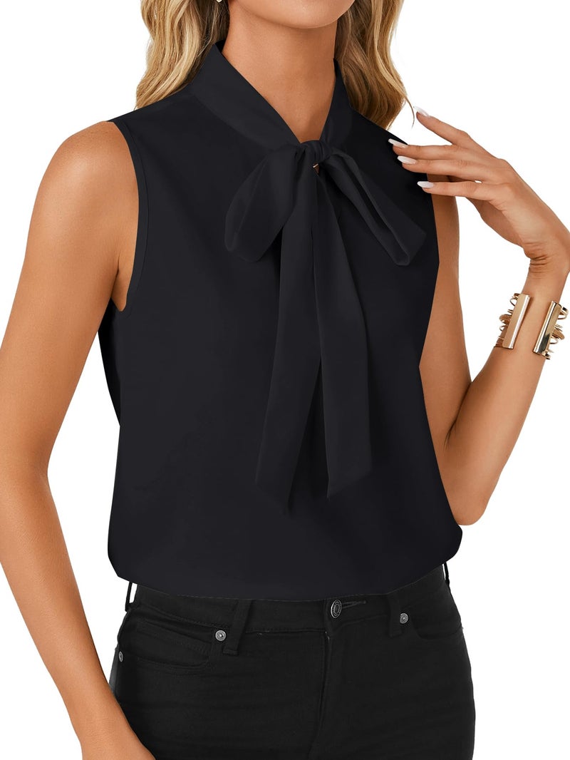 LYANER Women's Elegant Bow Tie Mock Neck Sleeveless Blouse Workwear Office Shirt Top Pure Black Small - Image 5
