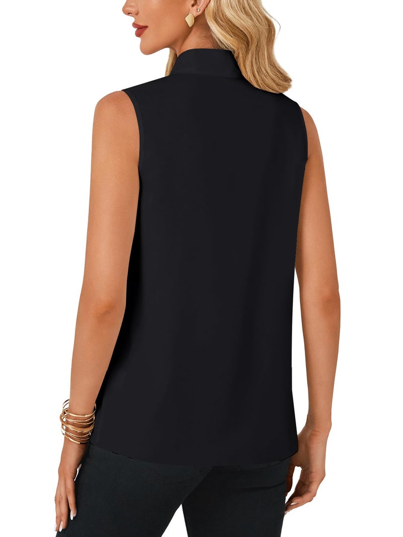 LYANER Women's Elegant Bow Tie Mock Neck Sleeveless Blouse Workwear Office Shirt Top Pure Black Small - Image 2