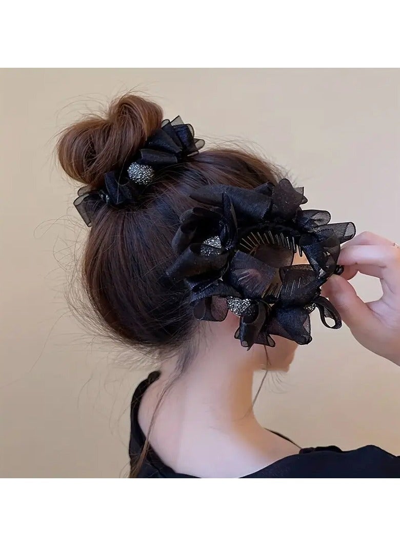 Goolsky 1pc Ruffled Bow Decor Hair Claw Clip Large Duck Billed Clip For Ponytail Bun Holder Rhinestone Glitter Hair Clip For Women Female - Image 1