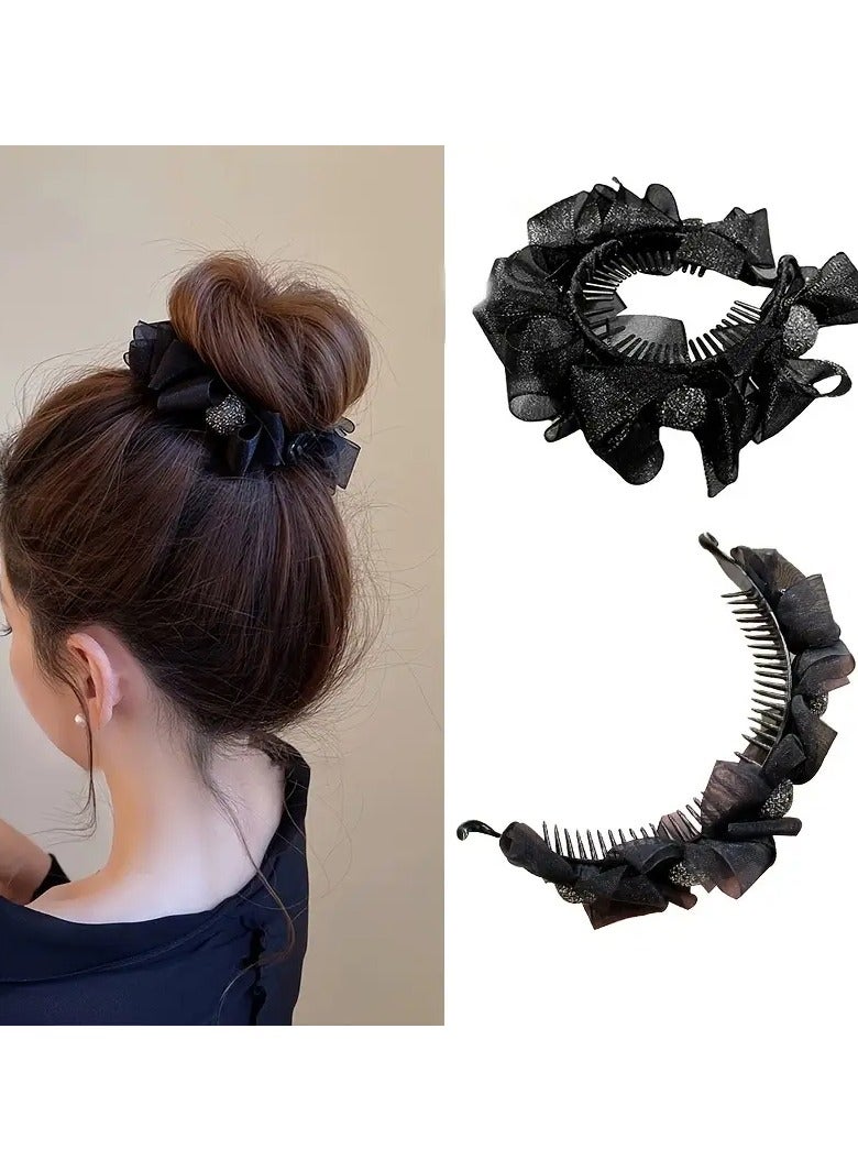 Goolsky 1pc Ruffled Bow Decor Hair Claw Clip Large Duck Billed Clip For Ponytail Bun Holder Rhinestone Glitter Hair Clip For Women Female - Image 2