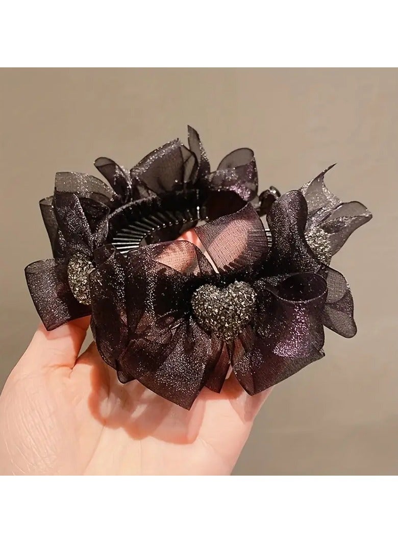 Goolsky 1pc Ruffled Bow Decor Hair Claw Clip Large Duck Billed Clip For Ponytail Bun Holder Rhinestone Glitter Hair Clip For Women Female - Image 3