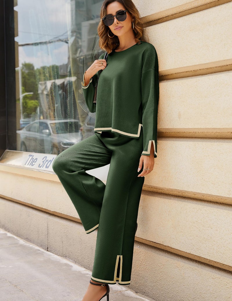 Tanming Women's 2 Piece Outfits Long Sleeve Knit Sweater Top Wide Leg Pants Lounge Sets Tracksuits(ArmyGreen-XL) - Image 5