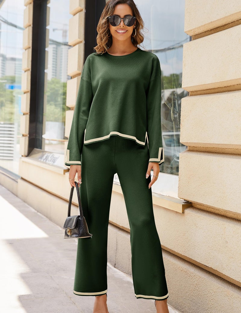 Tanming Women's 2 Piece Outfits Long Sleeve Knit Sweater Top Wide Leg Pants Lounge Sets Tracksuits(ArmyGreen-XL) - Image 2