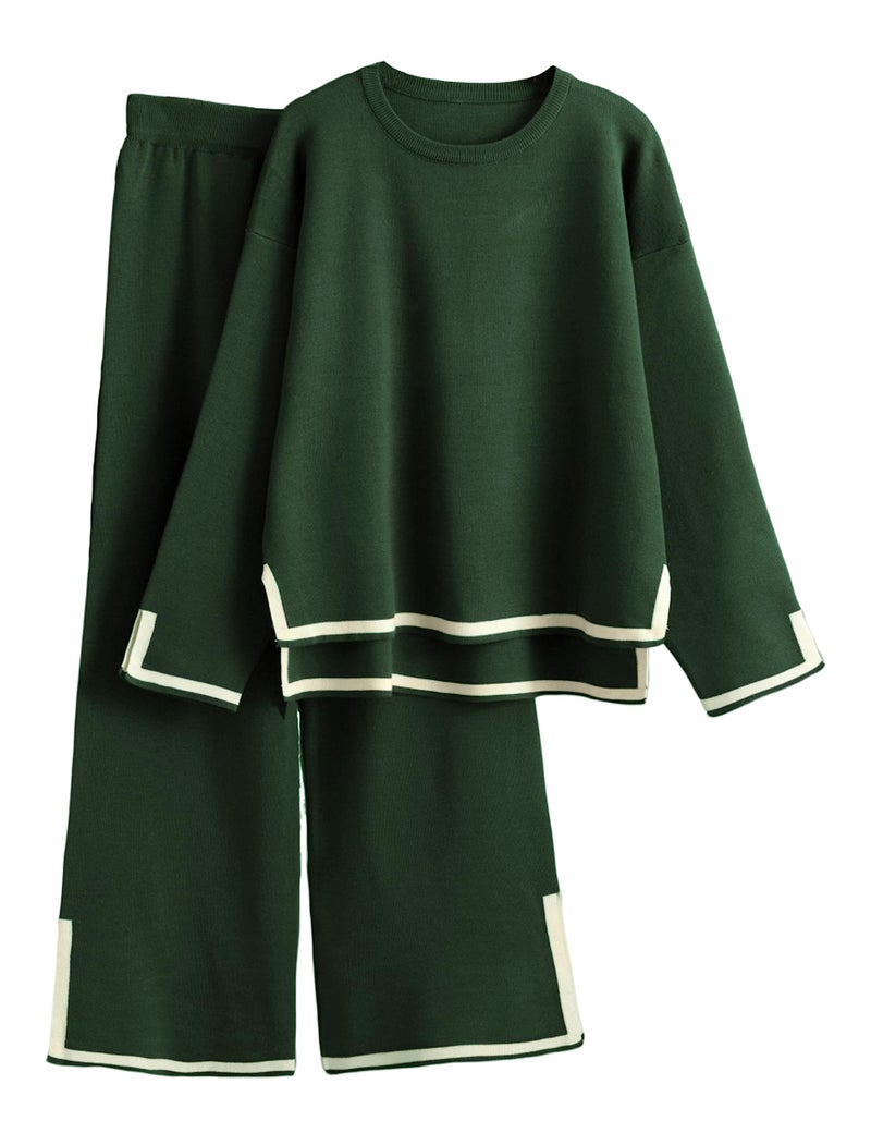 Tanming Women's 2 Piece Outfits Long Sleeve Knit Sweater Top Wide Leg Pants Lounge Sets Tracksuits(ArmyGreen-XL) - Image 1